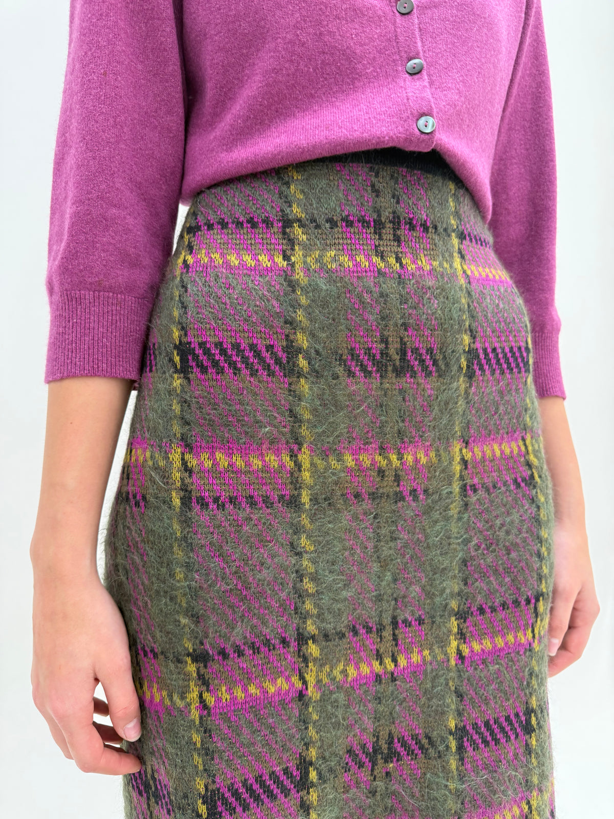 Fustă vintage italiană midi din tricot gros cu print tweed de lana extrafina densa midi