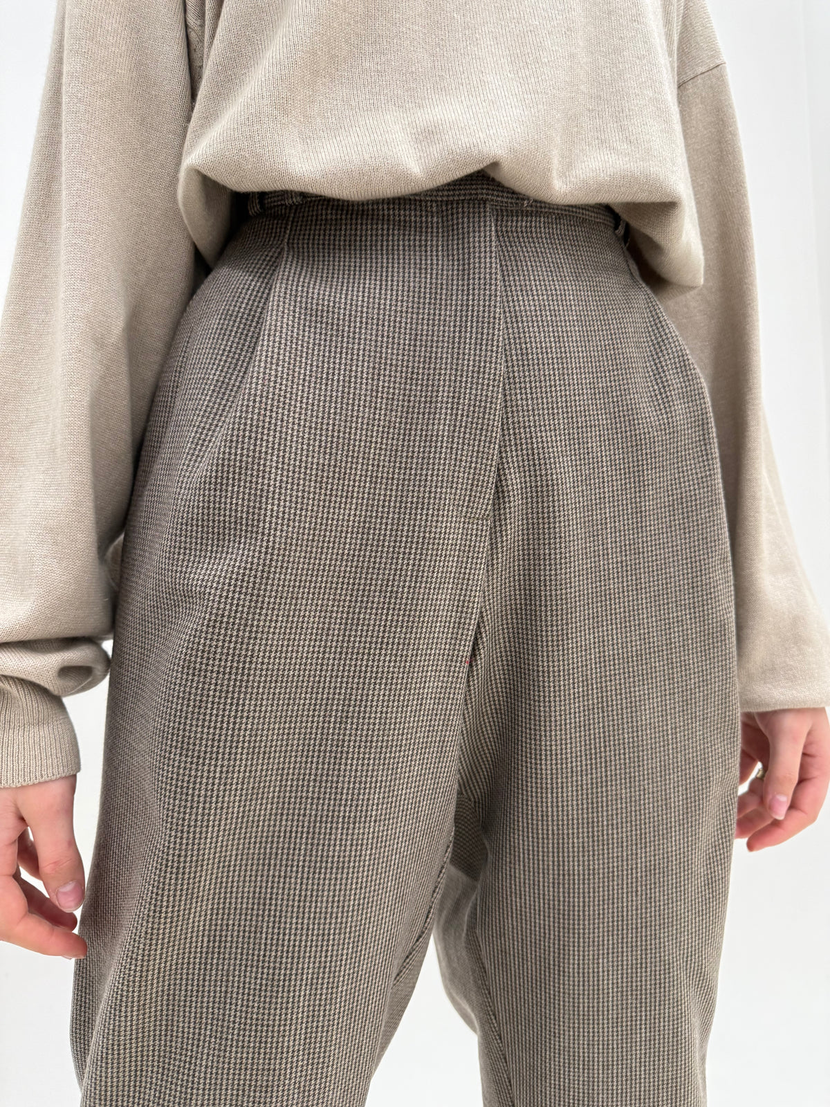 Pantaloni camel din stofă groasă de lana extrafina confort pied de coq cu chocolate brown