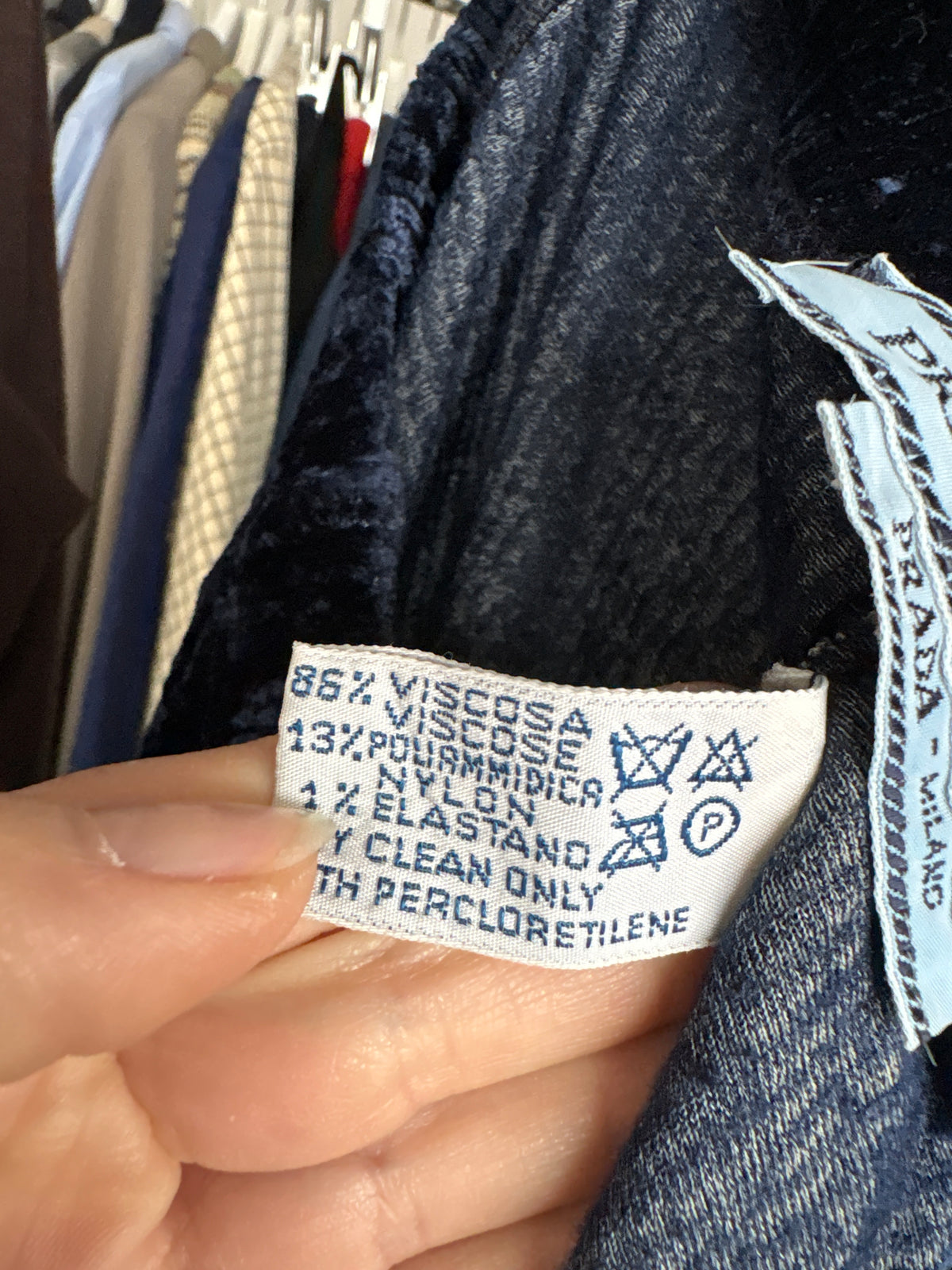 Pantaloni leggings Prada vintage Y2K, din catifea elastică albastru cerneală anii 2000