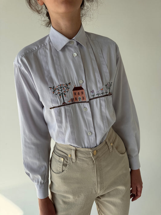 Cămașa vintage Stefanel cu broderie superbă light lavender din poplin texturat