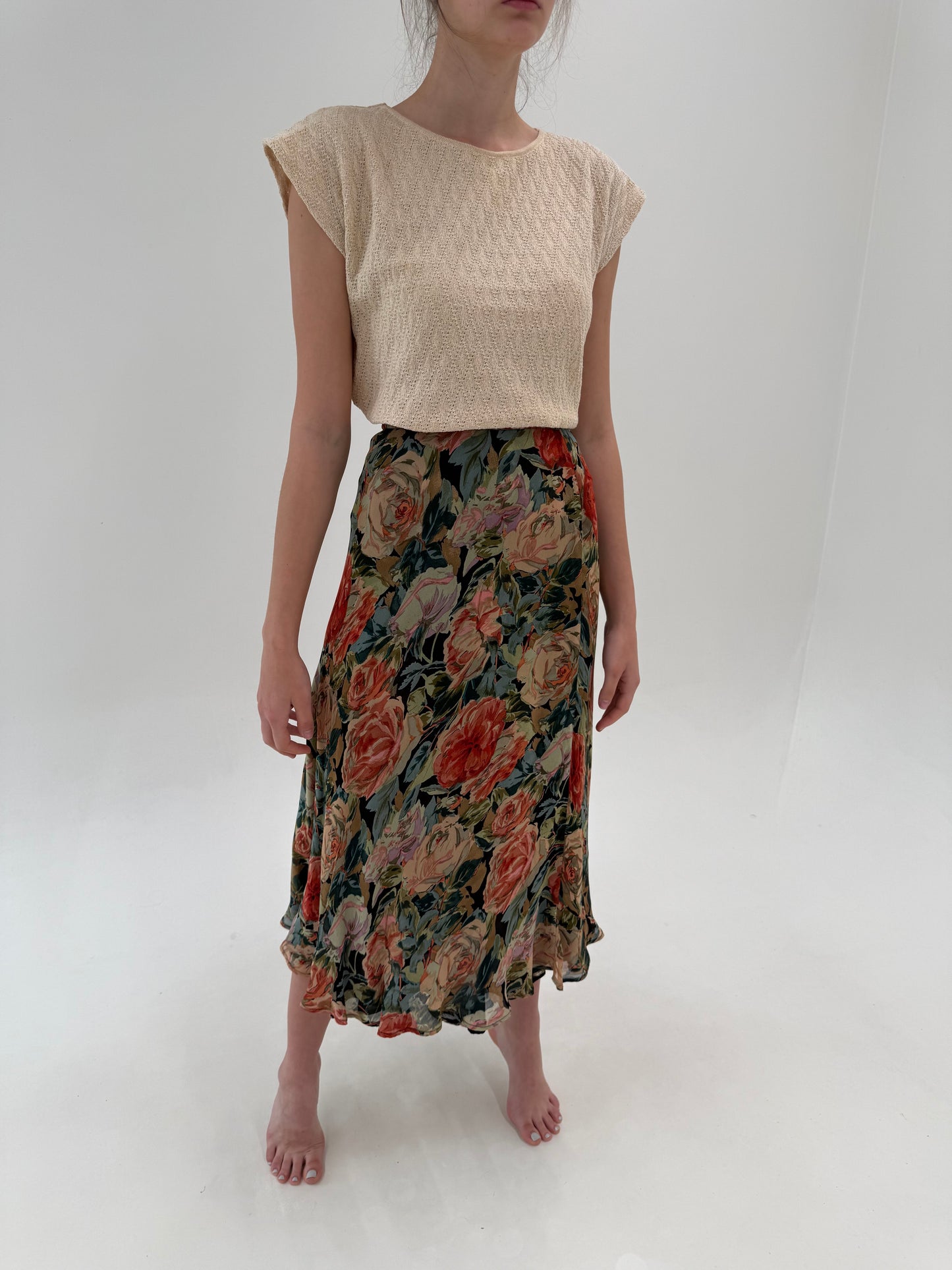 Fustă maxi cu print floral superb și talie ultra înaltă elastică marcată