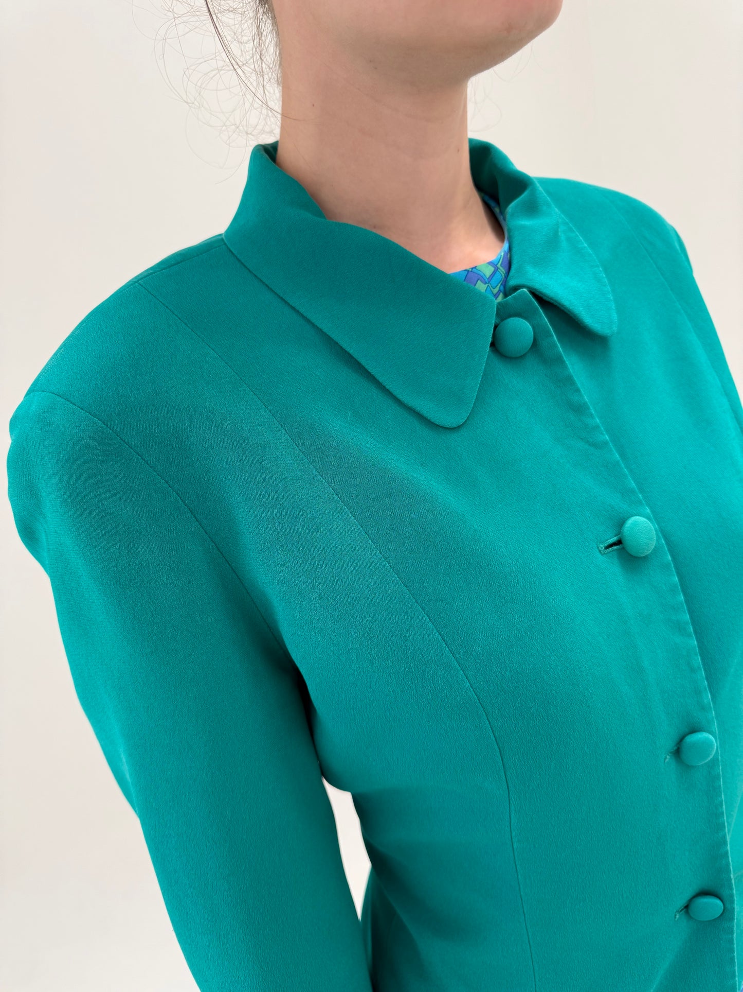 Sacou vintage din mătase naturală în croi ușor cambrat emerald green