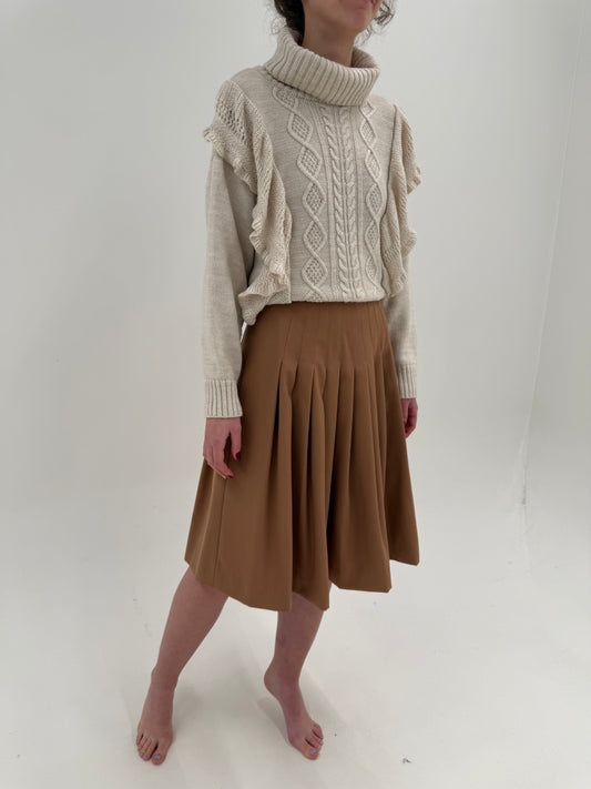 Fustă vintage plisată camel din worsted wool cu talie ultra înaltă midi