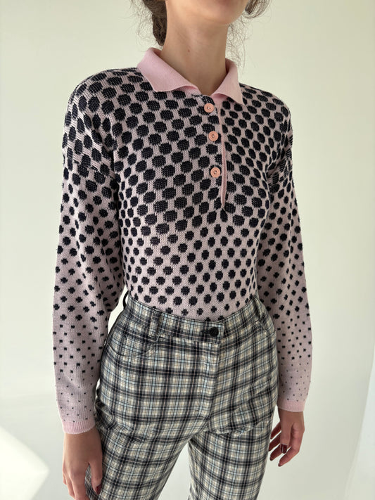 Pulover vintage polo roz pudrat cu Navy din mix de lana extrafina