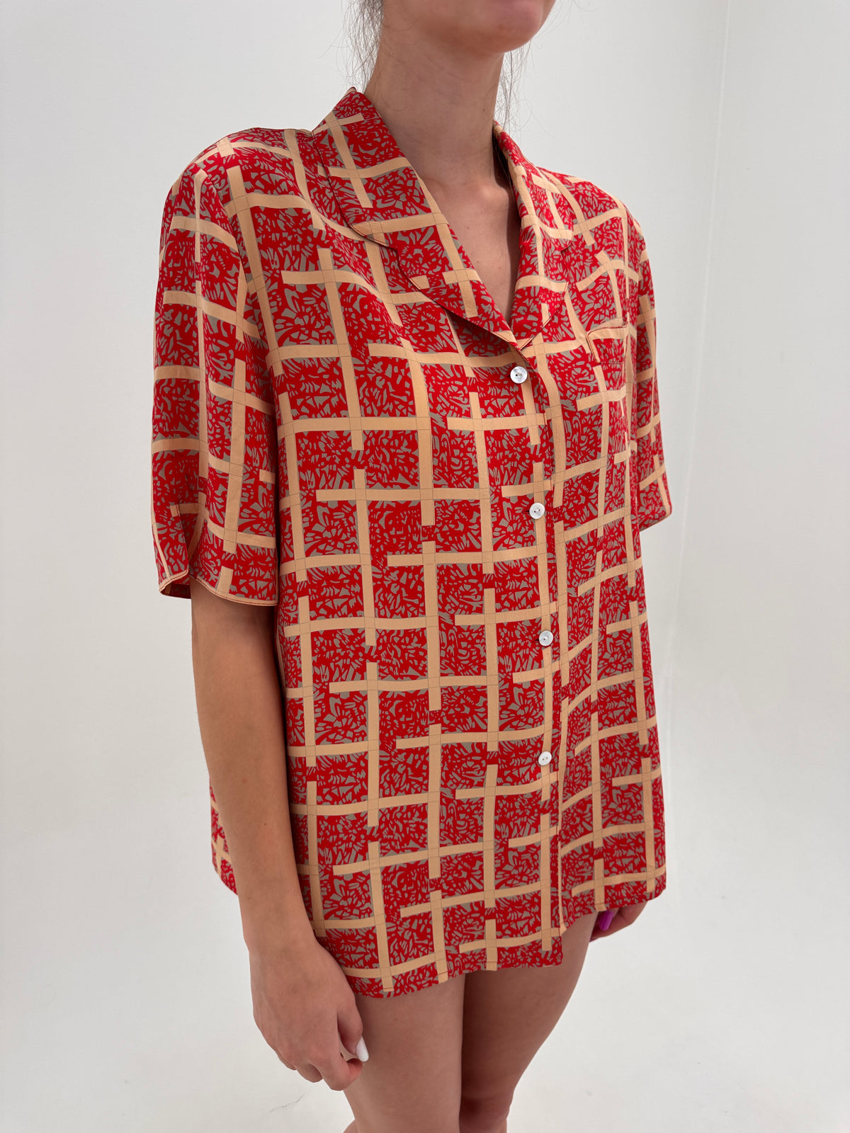Cămașa din mătase naturală brick red cu print camel