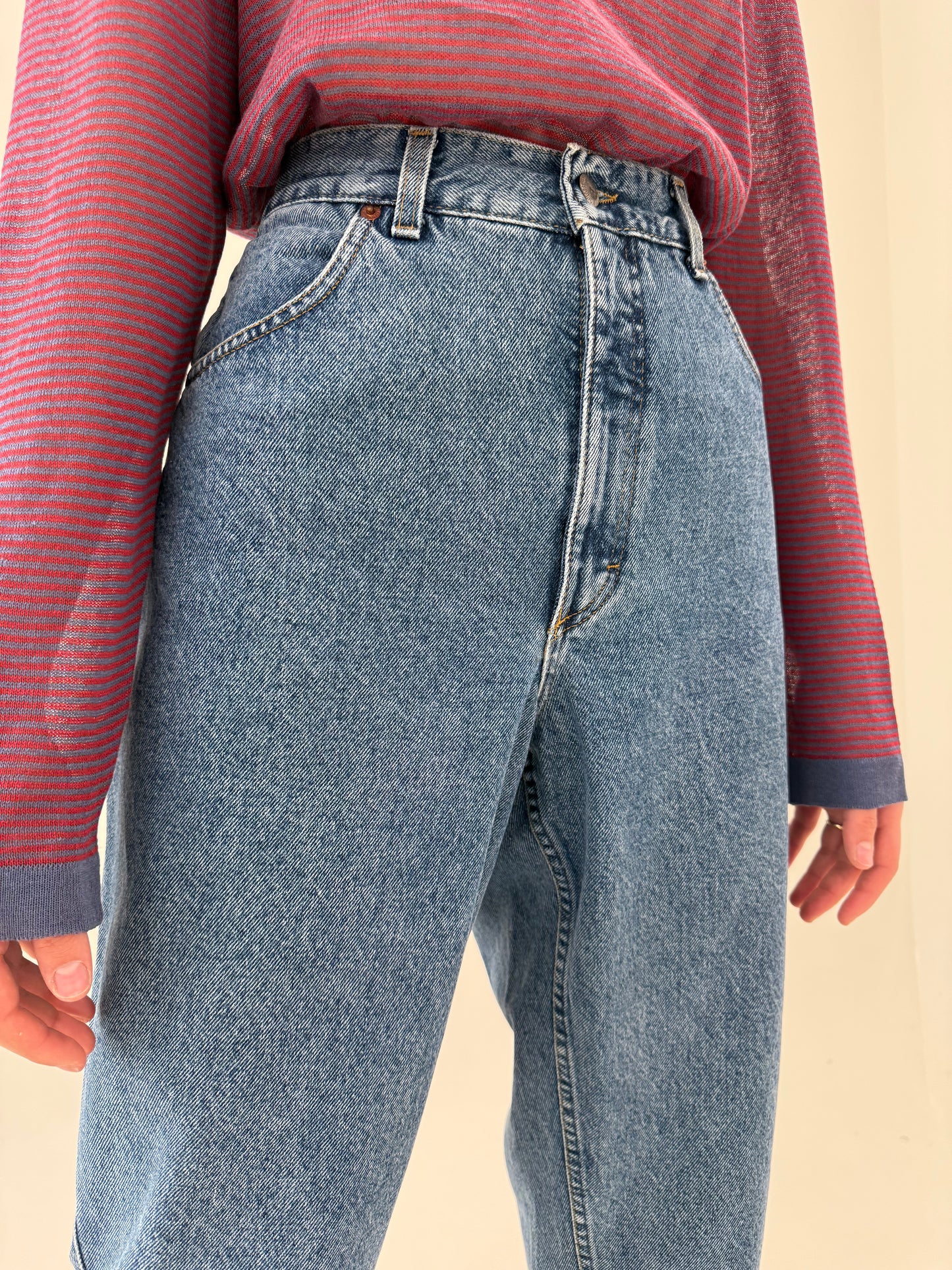 Jeans vintage premium mom fit clasic wash cu talie ultra înaltă