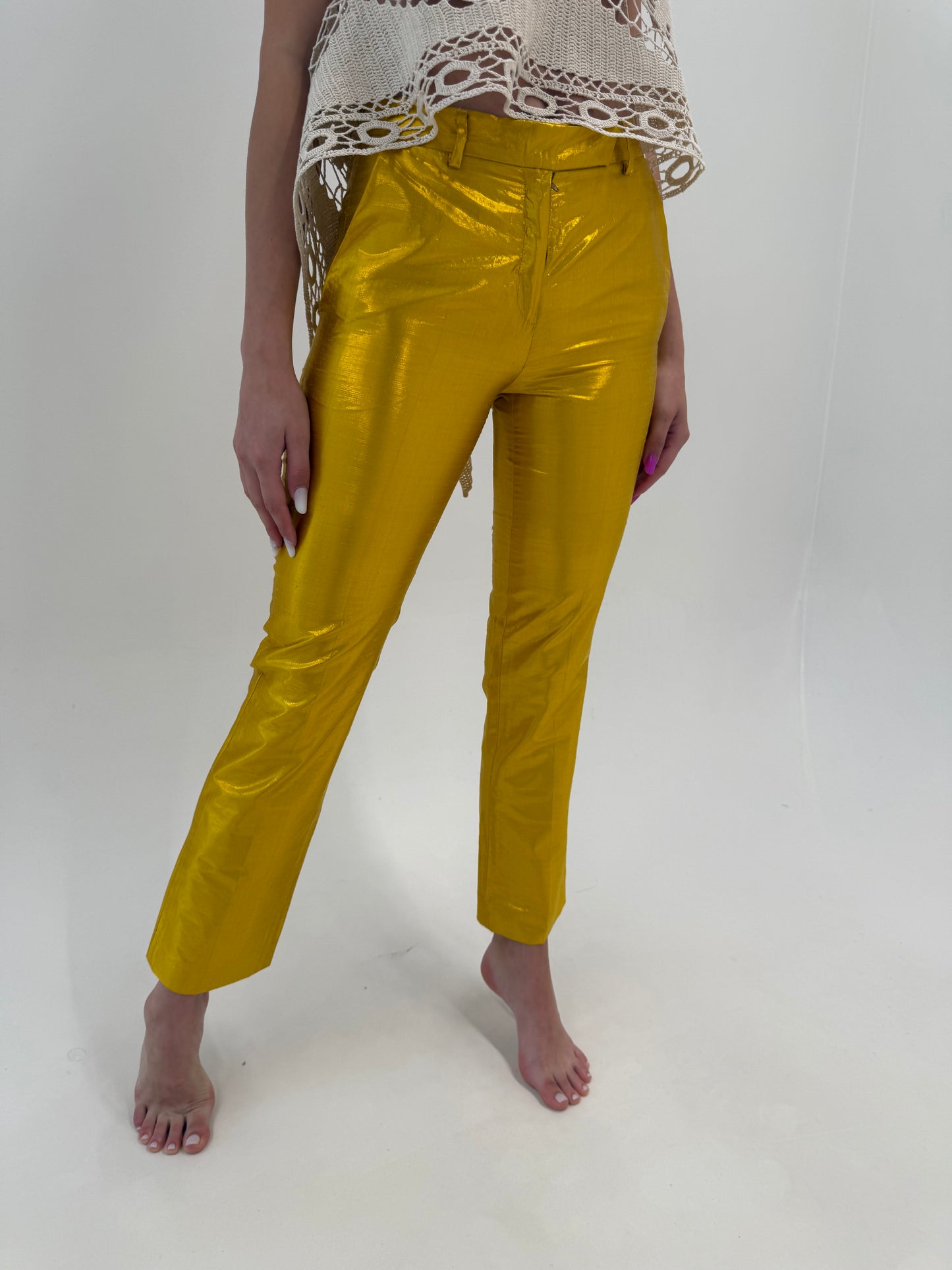 Pantaloni luxury de designer vintage italian din mătase naturală aurie spectaculoasă