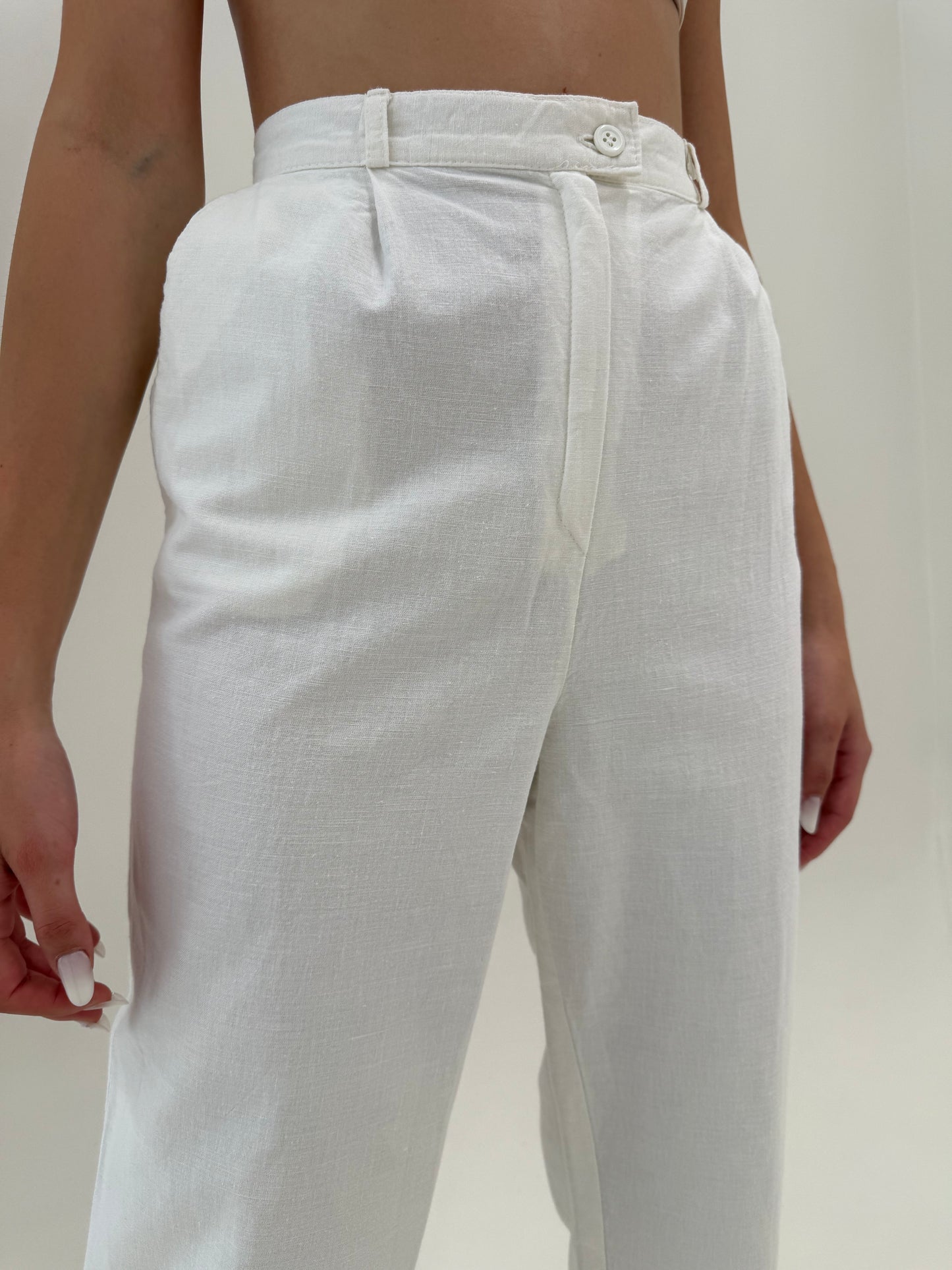 Pantaloni vintage cu pense din pânză de in și bumbac cu talie ultra înaltă