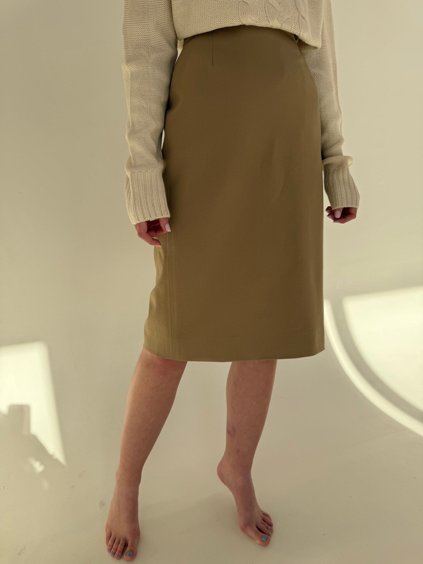 Fustă high end camel din stofă de lana extrafina ușor structurată strech