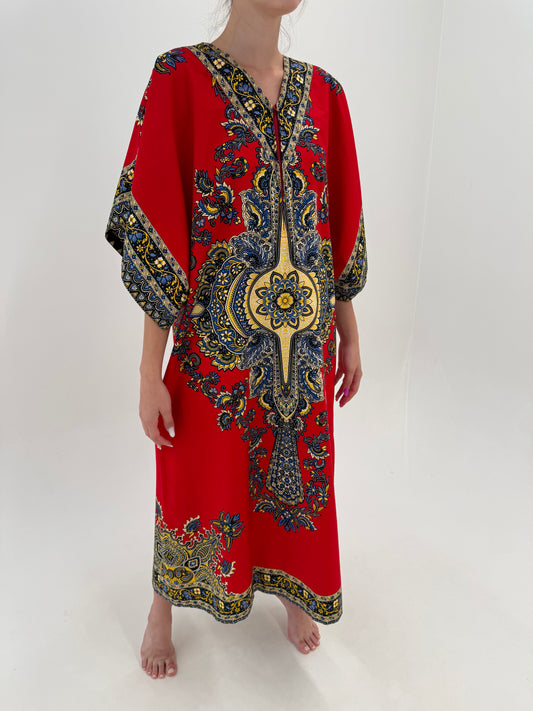 Kaftan maxi din canvas de bumbac cu print manual în culori tari