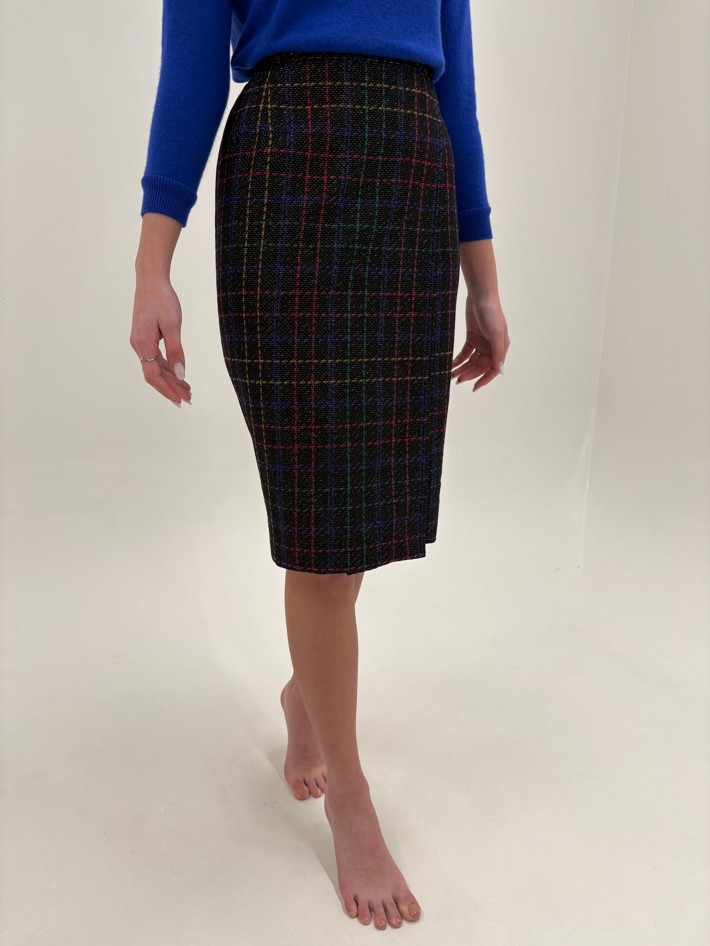 Fustă luxury Nina Ricci din tweed bijuterie subțire negru cu inserții curcubeu