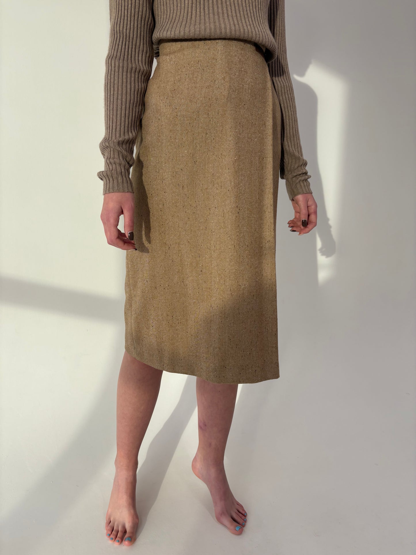 Fustă Camel de brand high end italian din stofă plină Chevron excepțională