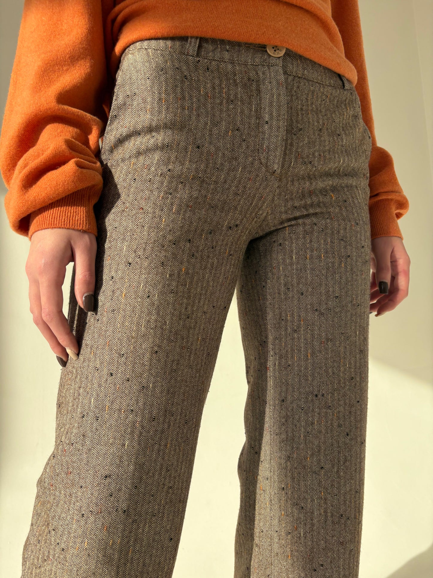 Pantaloni petite spre palazzo din lana extrafina chevron cu inserții colorate