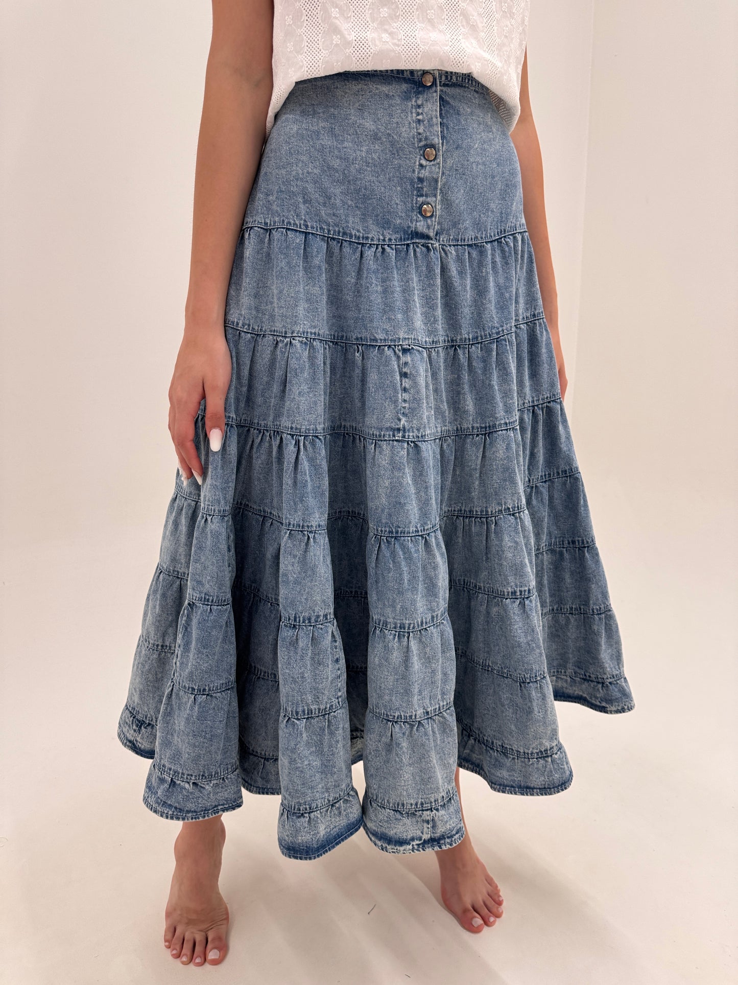 Fustă maxi din jeans moale de vară ultra amplă in croi elaborat
