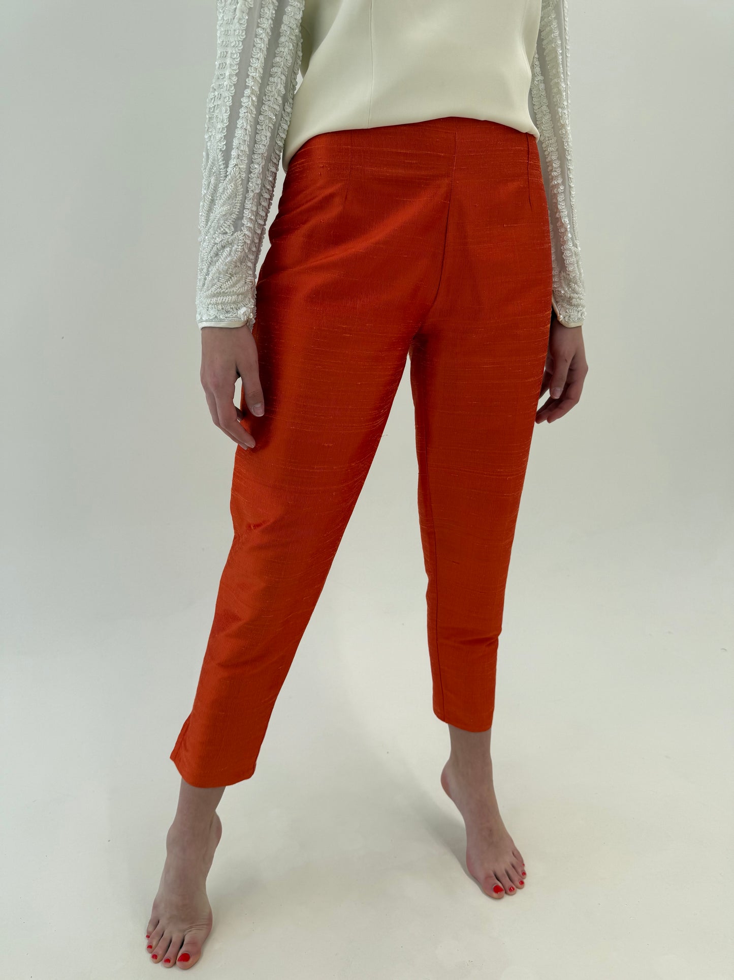 Pantaloni din mătase naturală dupioni în culoare superbă cu talie ultra înaltă