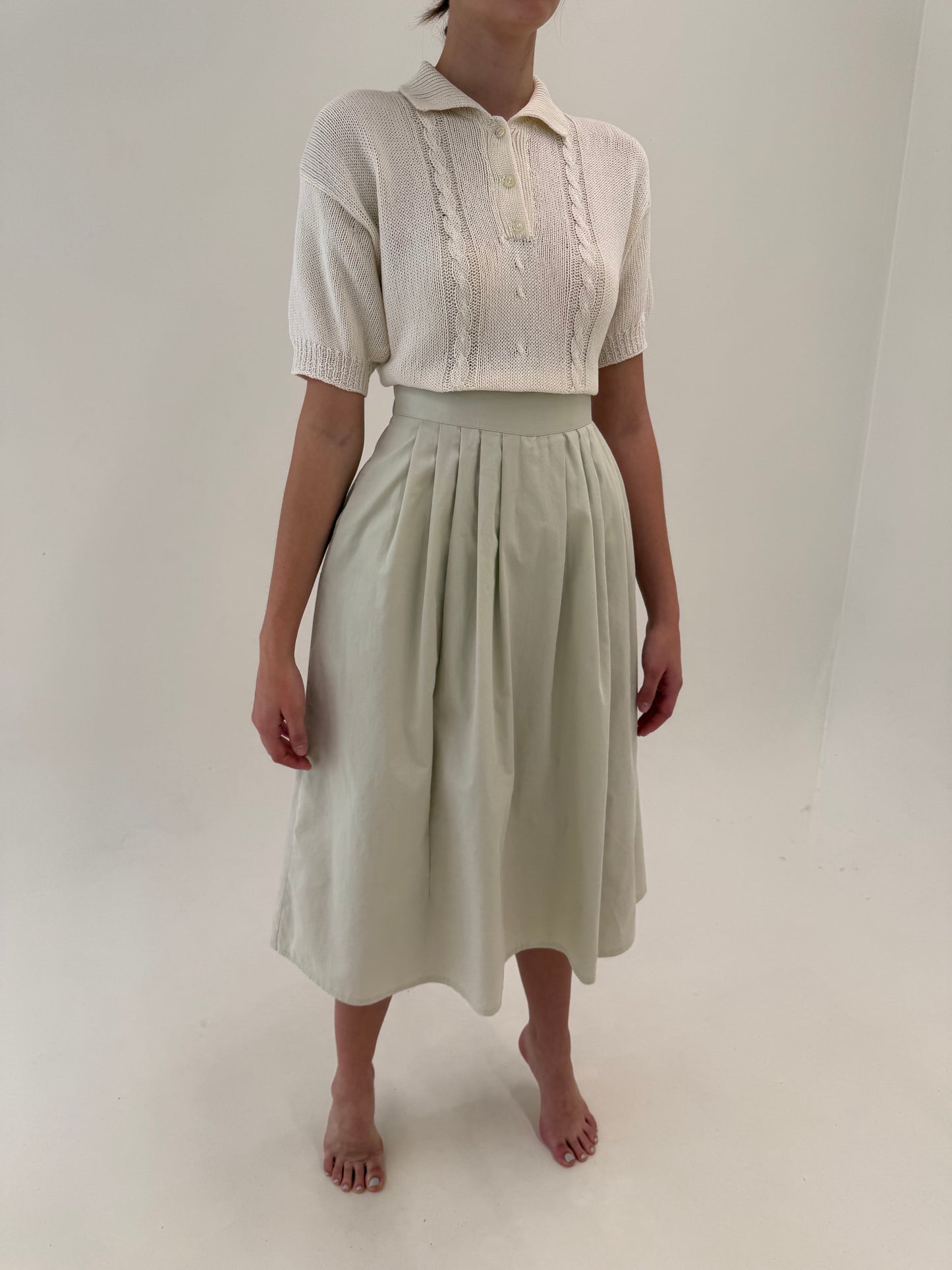 Fustă vintage midi lung cu buzunare very light green din bumbac premium