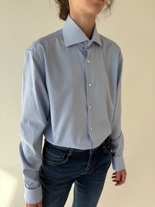 Cămașa italiană super premium baby blue din poplin ușor satinat gros texturat
