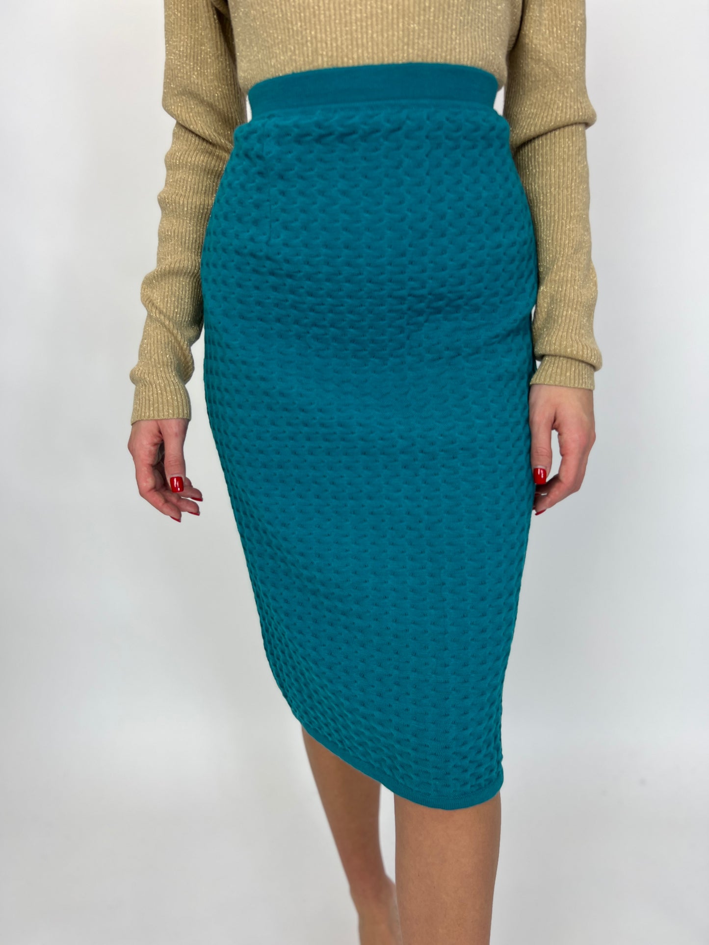 Fustă turcoaz tricot 3D de lana fina elastic