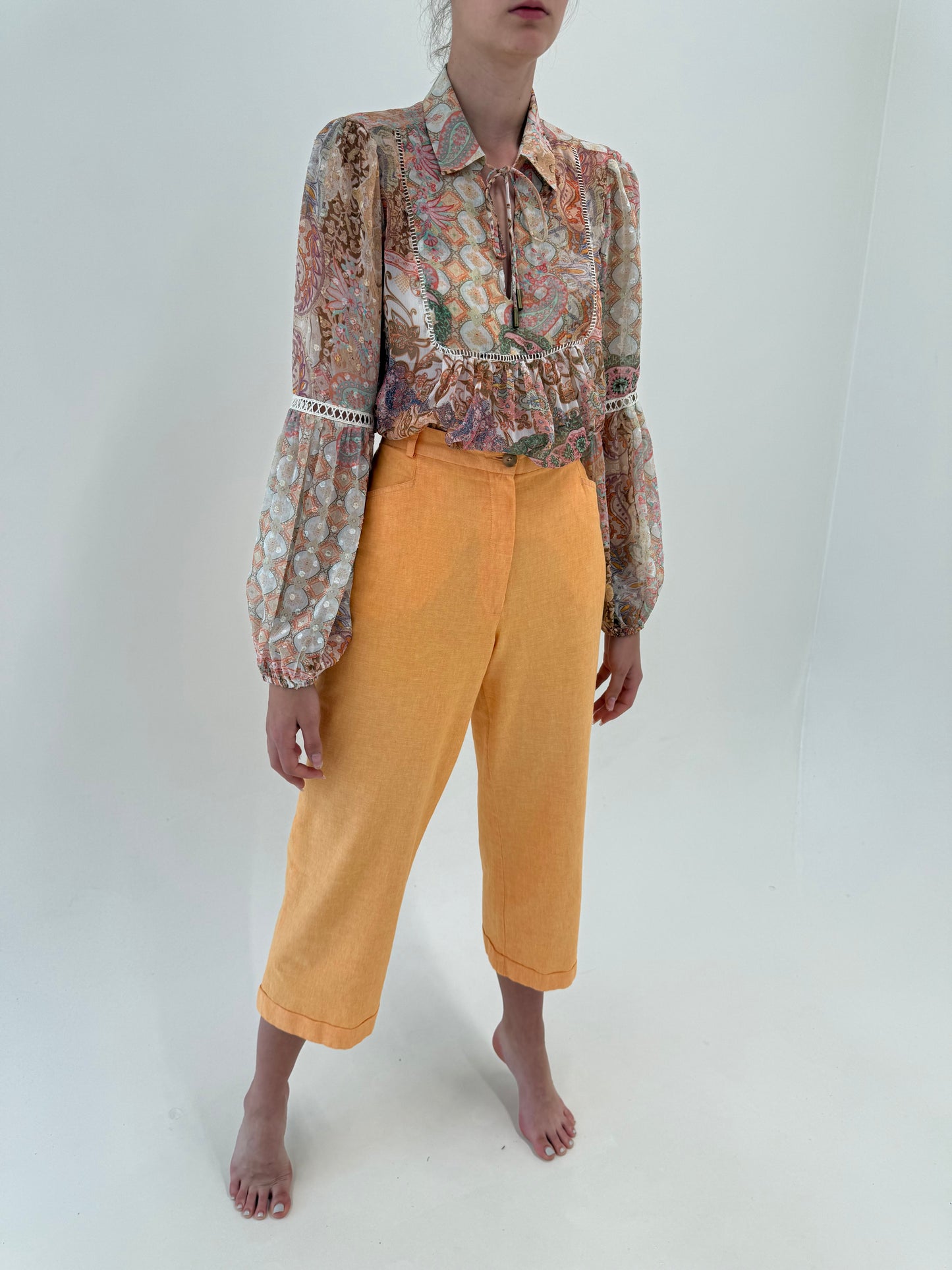 Pantaloni petite clasici powder orange din pânză de in și bumbac