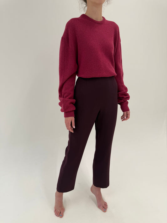 Pantaloni aubergine țigaretă din lana extrafina cu talie ultra înaltă