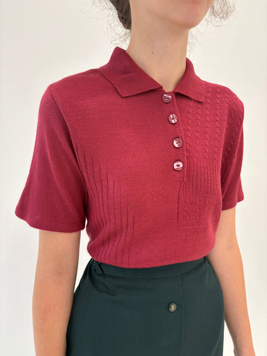 Top vintage polo burgundy din mix de lana merino extrafina