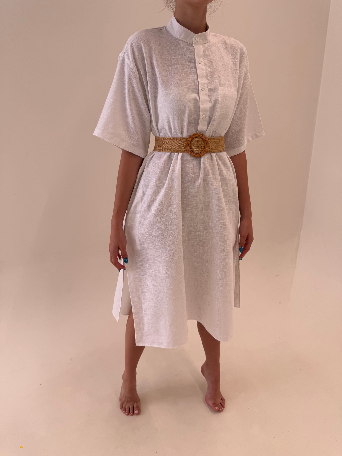 Rochie vintage din pânză moale de bumbac în croi tip tunica cu buzunare