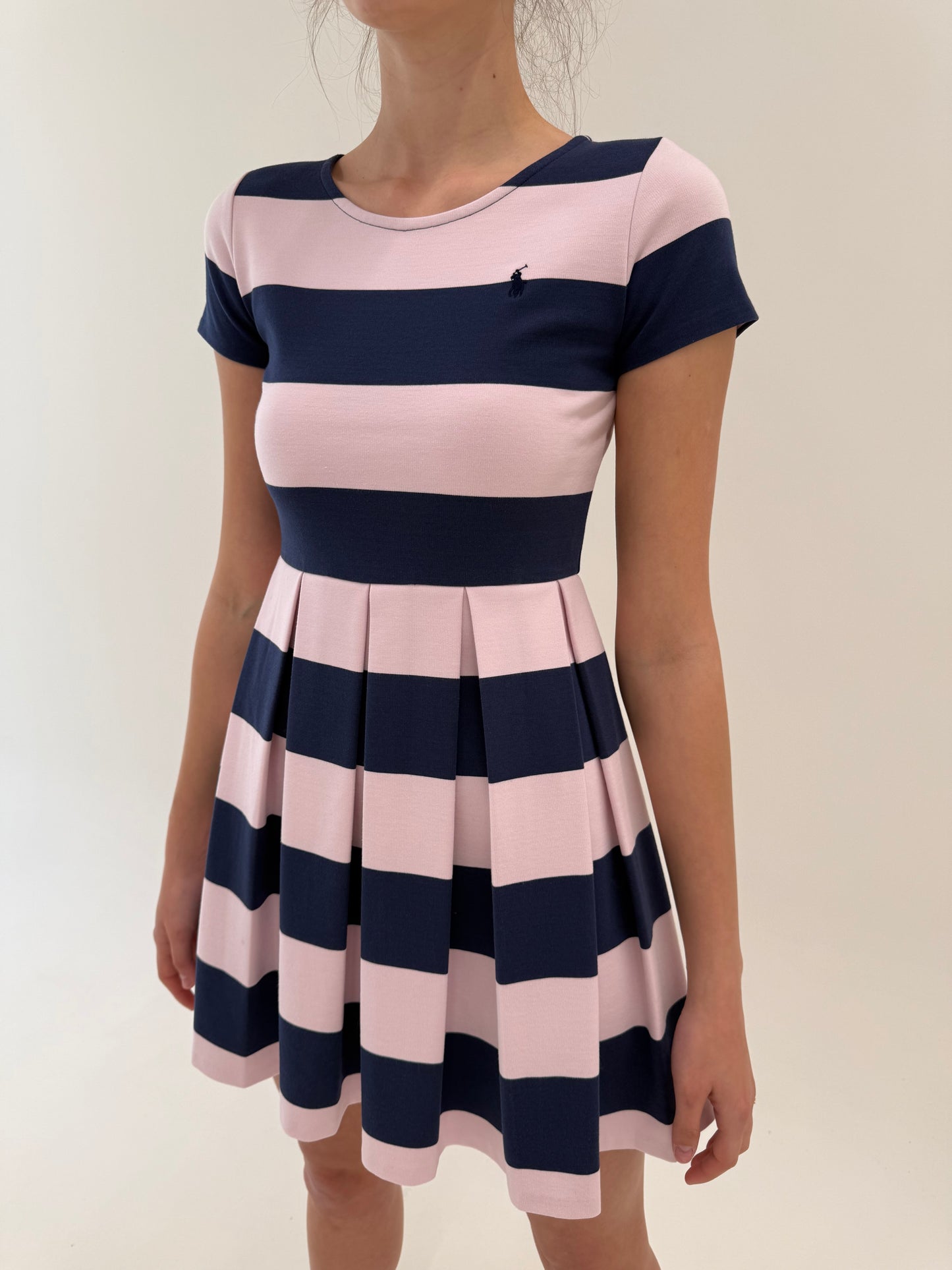 Rochie Ralph Lauren în dungi powder pink și navy din bumbac premium modelator
