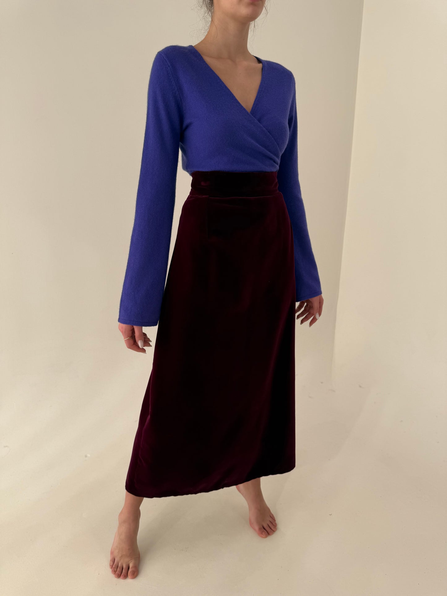 Fustă maxi burgundy din catifea cu talie ultra înaltă de la zi la seară