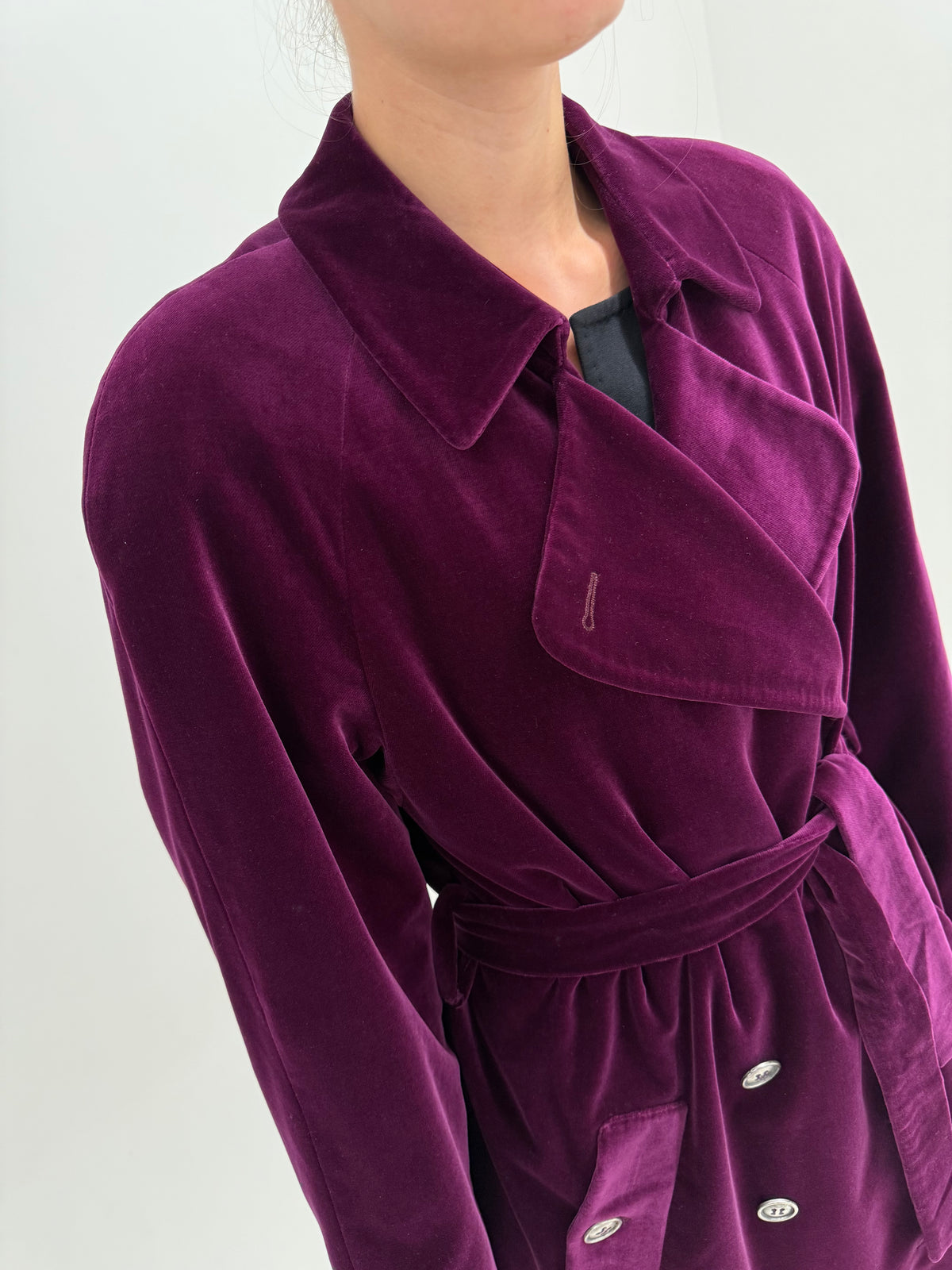 Trench italian de designer din catifea excepțională de bumbac deep magenta