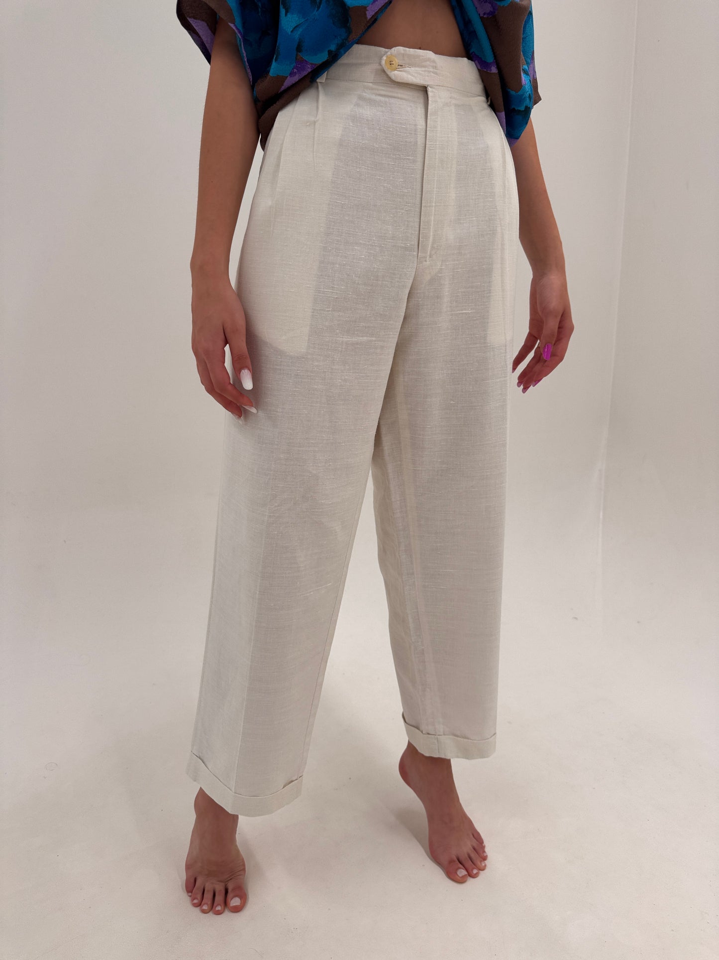 Pantaloni tall din pânză de in cu bumbac cu pense butter white