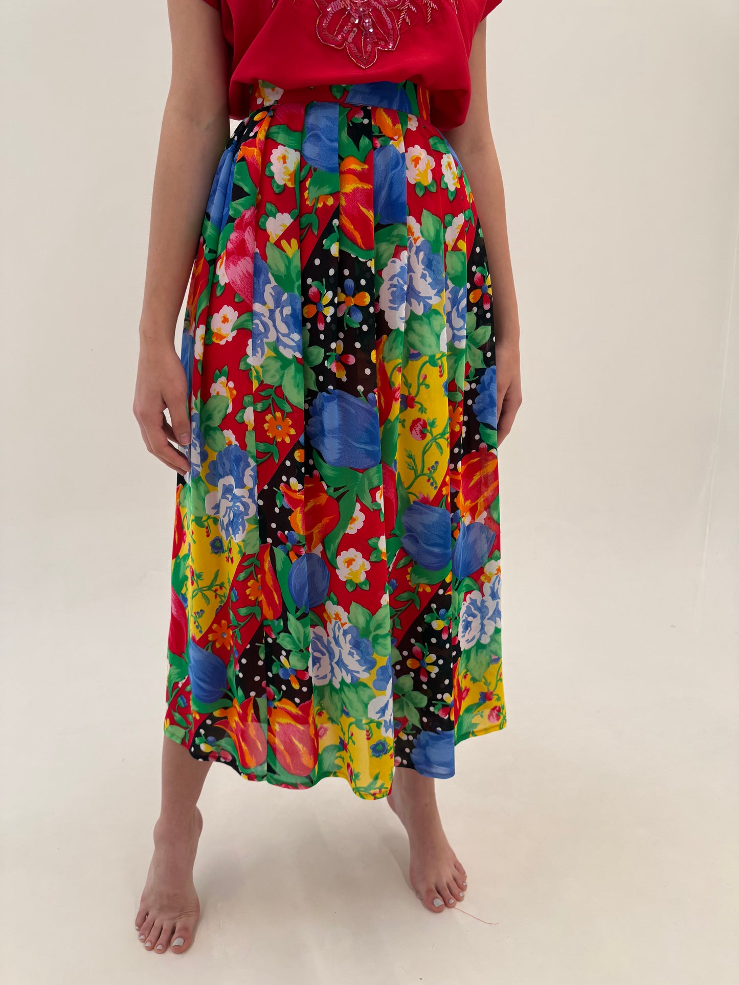 Fustă vintage plisată maxi cu print superb în culori tari