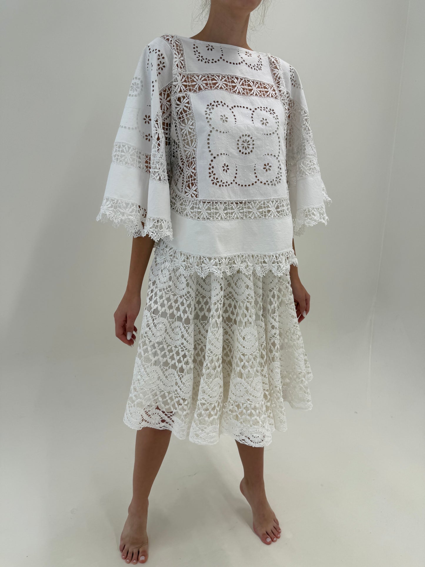 Fustă bijuterie vintage din macrame lucrat manual cu talie ultra înaltă elastică