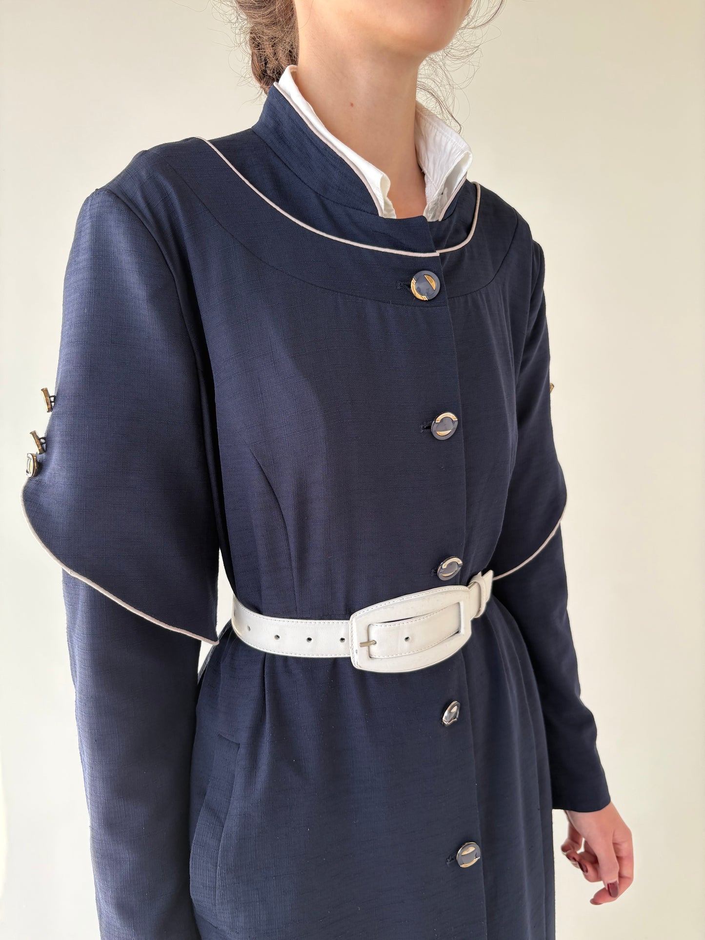 Rochie / Pardesiu Navy maxi cu buzunare și inserții contrastante