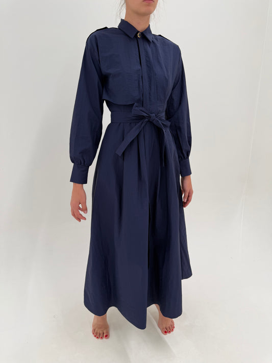 Rochie maxi Navy în stil trench din material plin cu talie marcată reglabilă