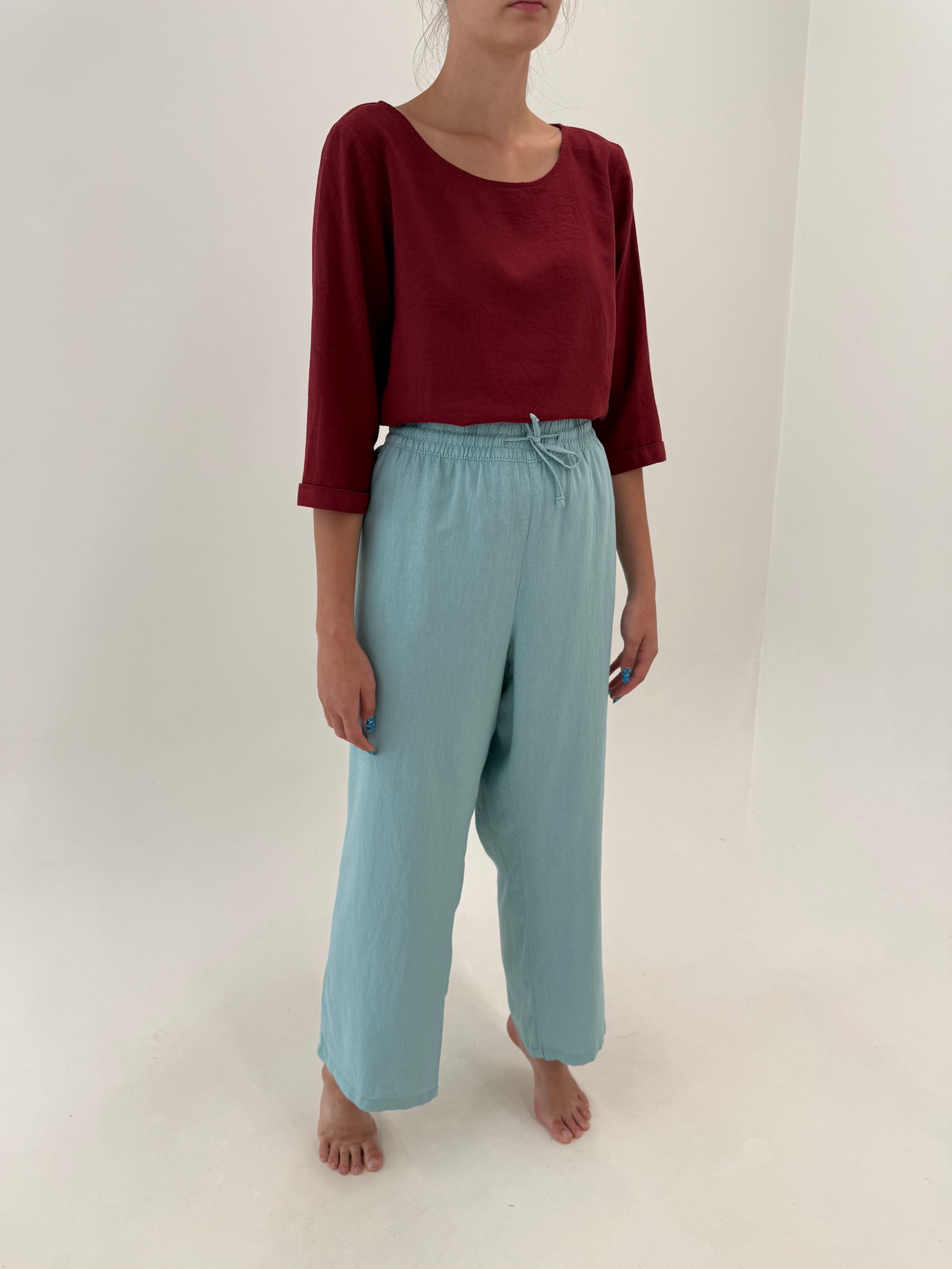 Pantaloni drepți din pânză mint green cu talie ultra înaltă elastică reglabilă