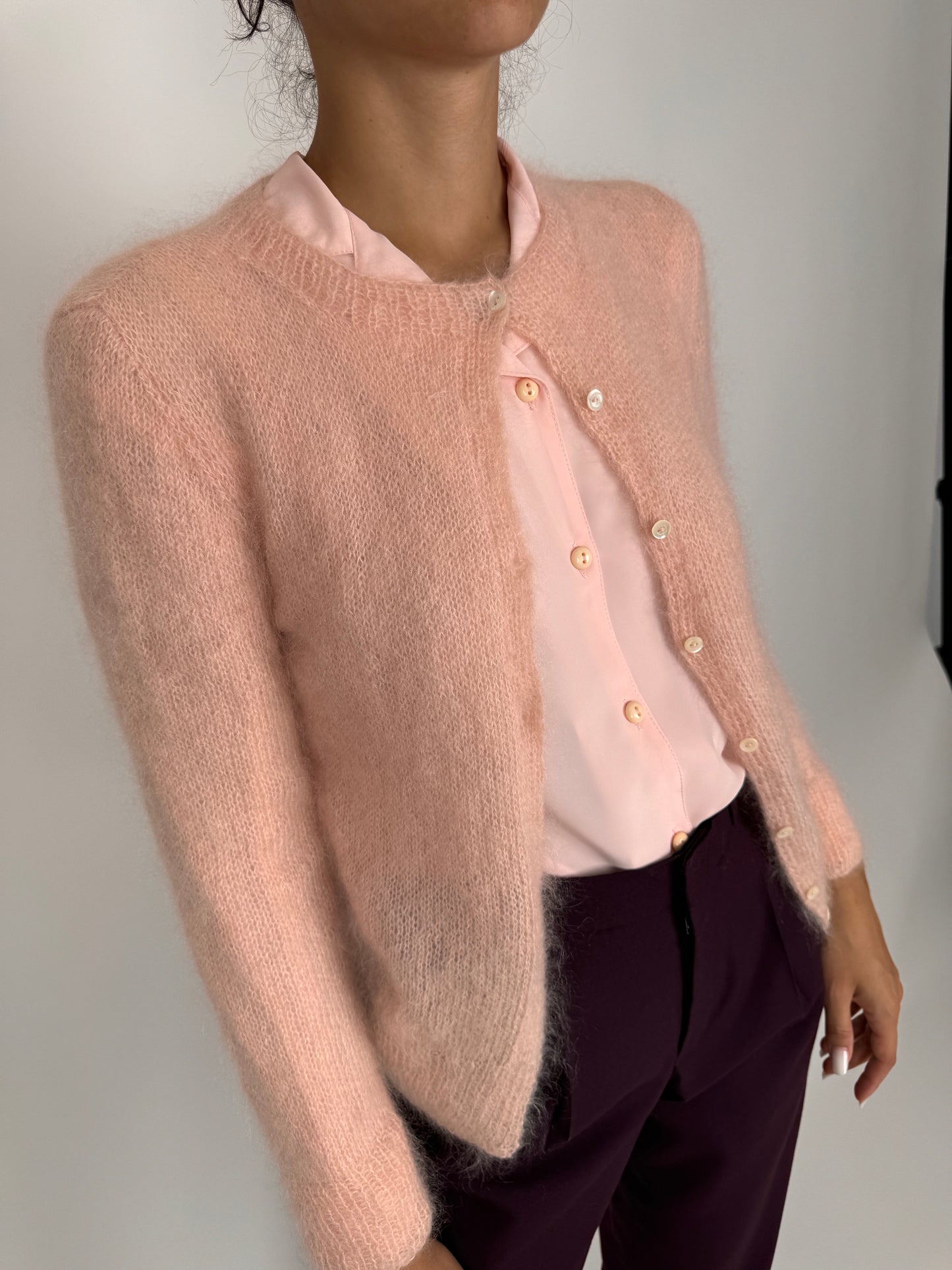 Cardigan roz pudrat din baby mohair