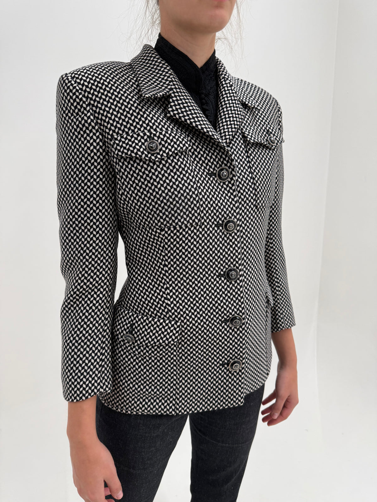 Sacou Versace old vintage cu nasturi logotyped Medusa și tailoring structurat din lana