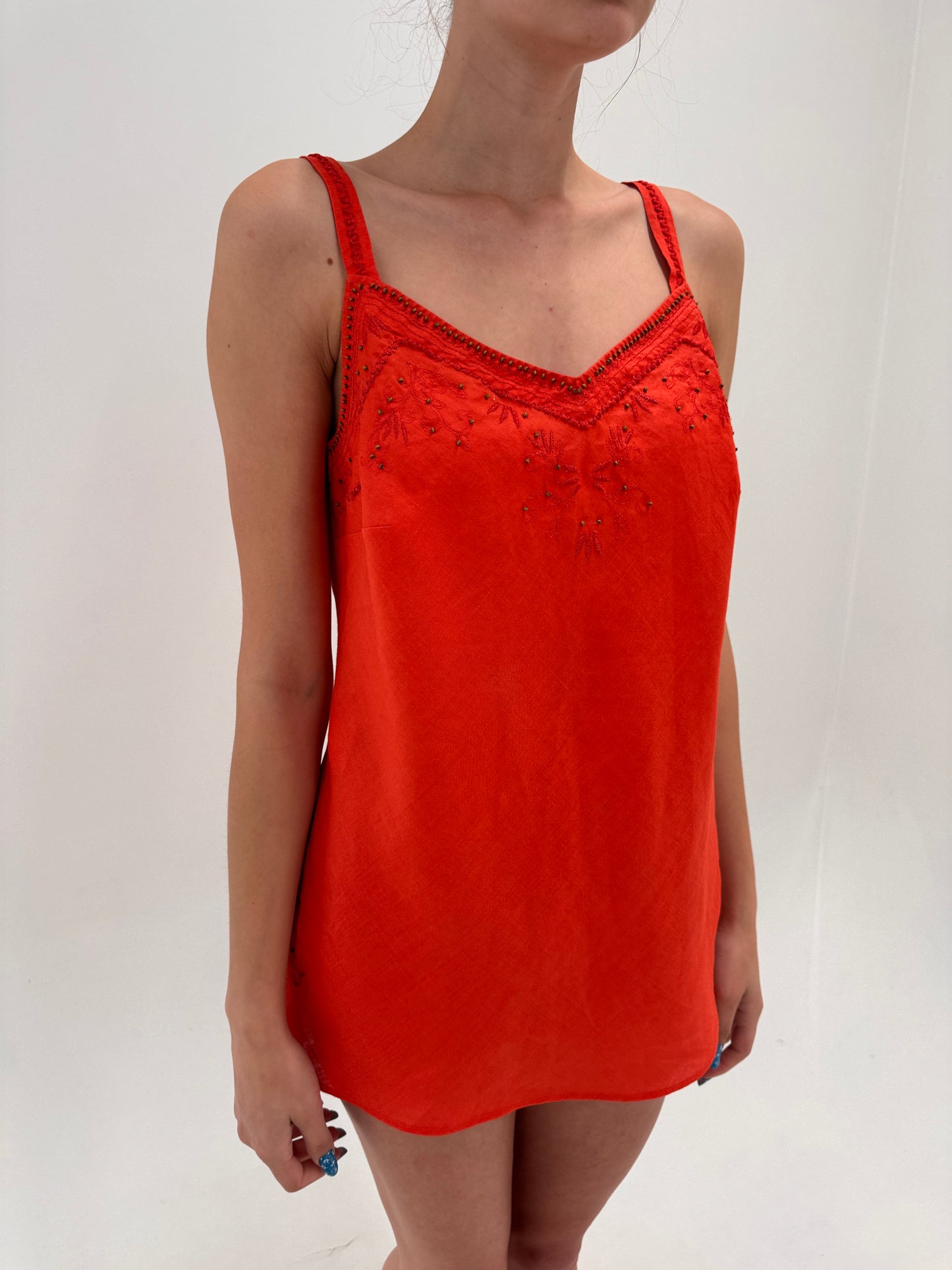 Set luxury de brand plus size Elena Miro vermillion red cu aplicații manuale și broderie din in