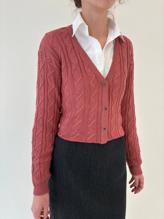 Cardigan vintage cu torsade dusty pink din lana plină extrafina