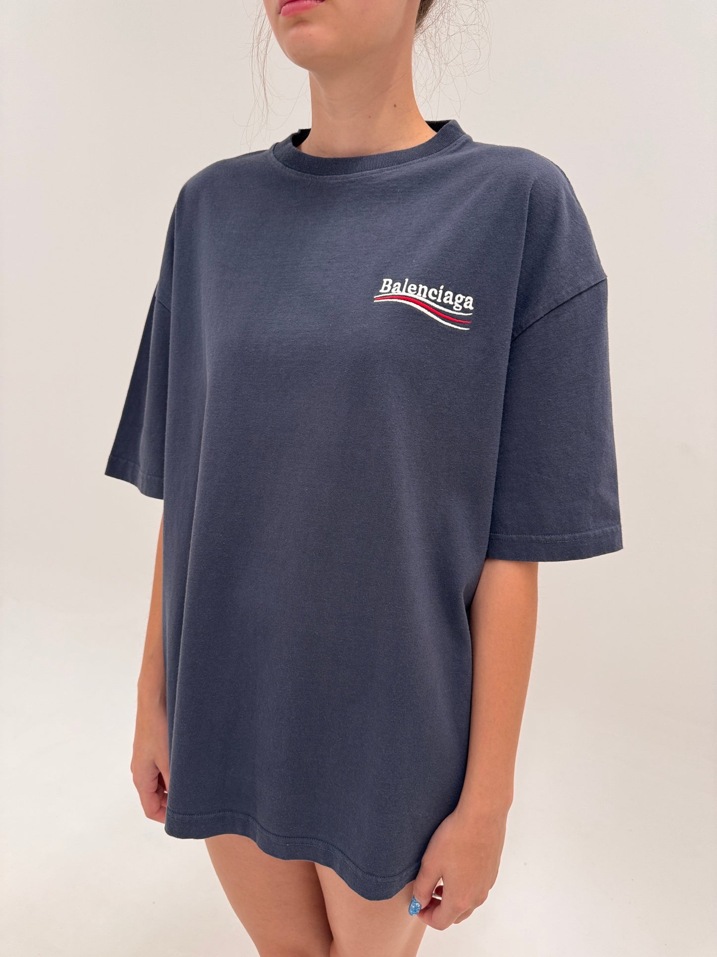Tricou Balenciaga unisex oversized petrol gray din bumbac excepțional de gramaj mare