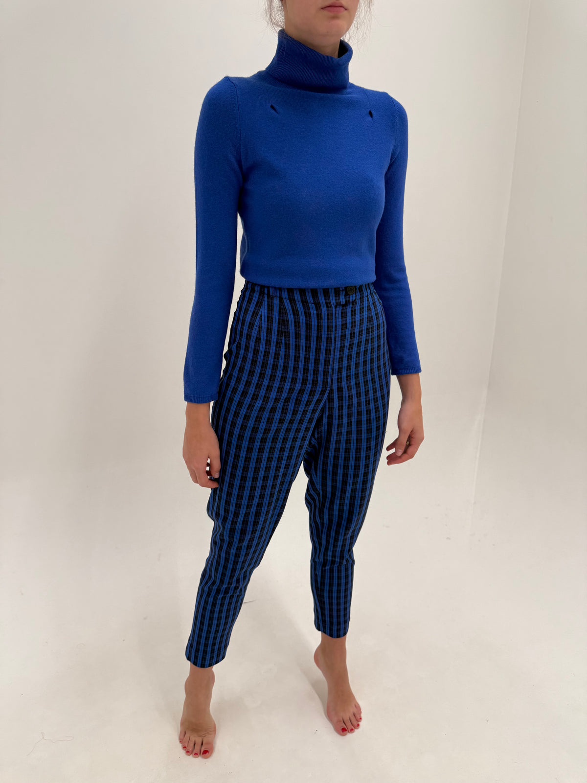 Pantaloni tall țigaretă în carouri cu talie ultra înaltă elastică din stofita strech