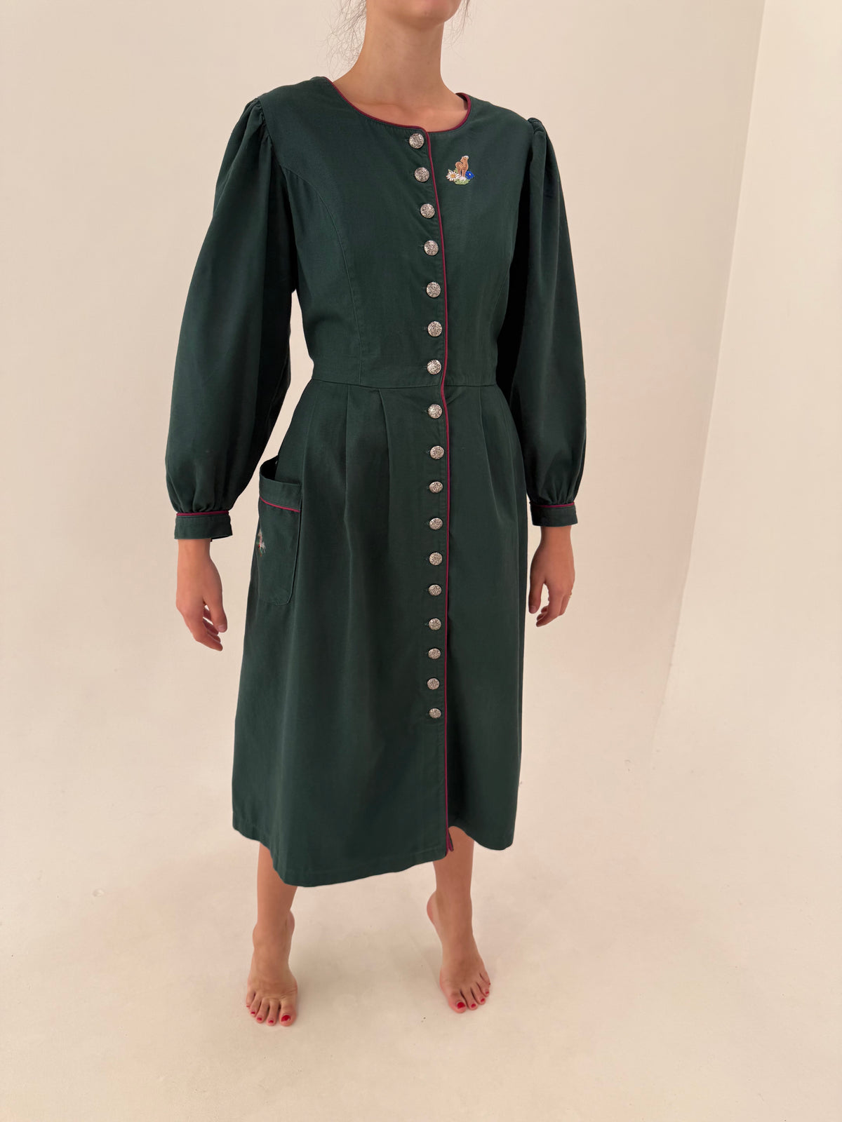 Rochie vintage cu corsaj din twill dark green super gros de bumbac