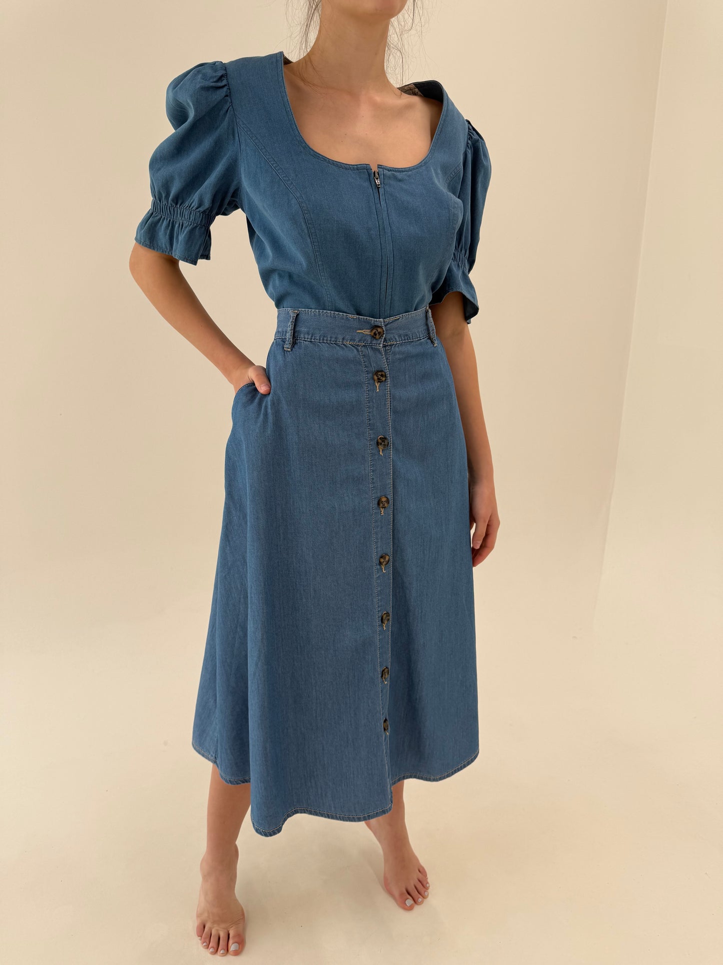Fustă maxi din jeans moale cu talie ultra înaltă elastică și buzunare