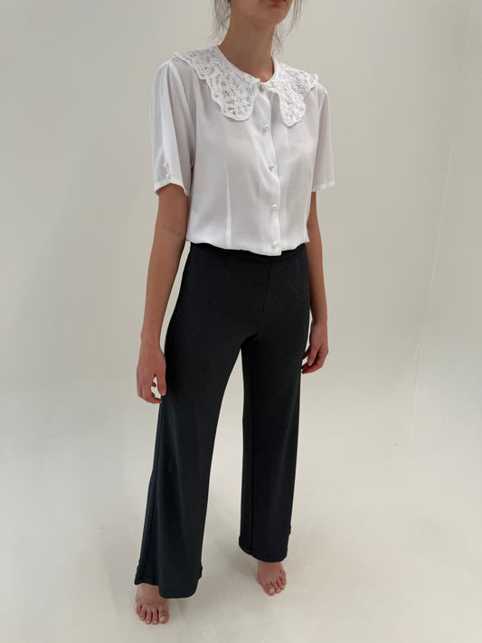 Pantaloni tall steel gray în croi spre palazzo cu talie ultra înaltă elastică