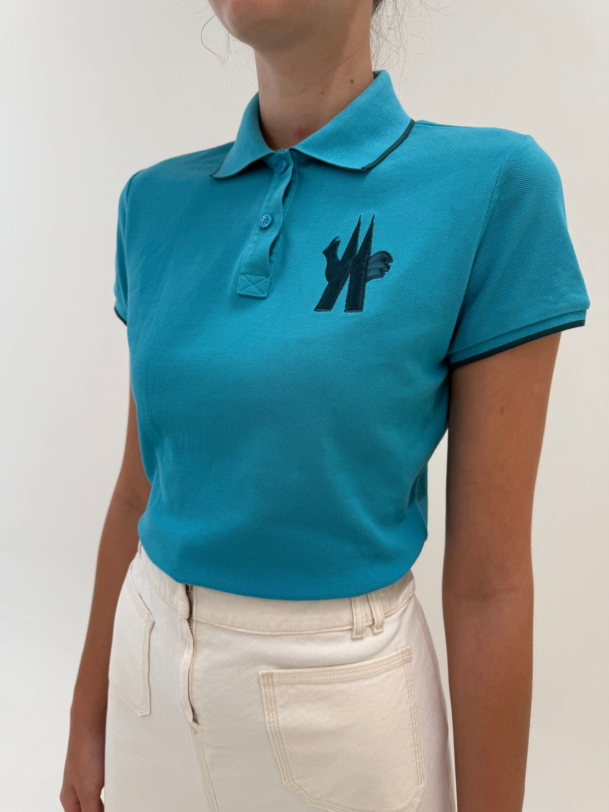 Top polo Moncler aqua blue din bumbac de gramaj mare