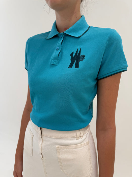 Top polo Moncler aqua blue din bumbac de gramaj mare