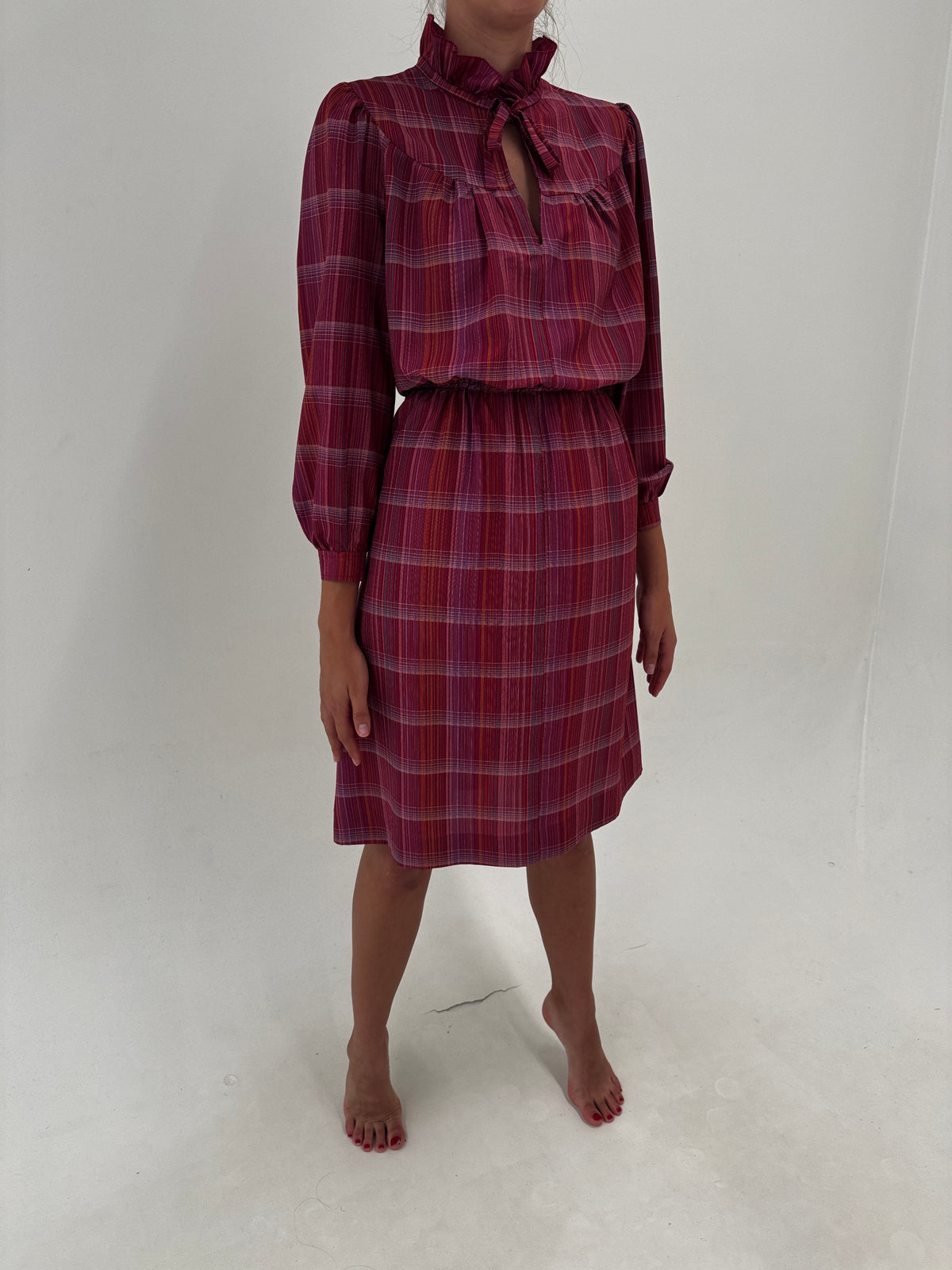 Rochie vintage în carouri și nuanțe superbe petite din mix de mătase naturală