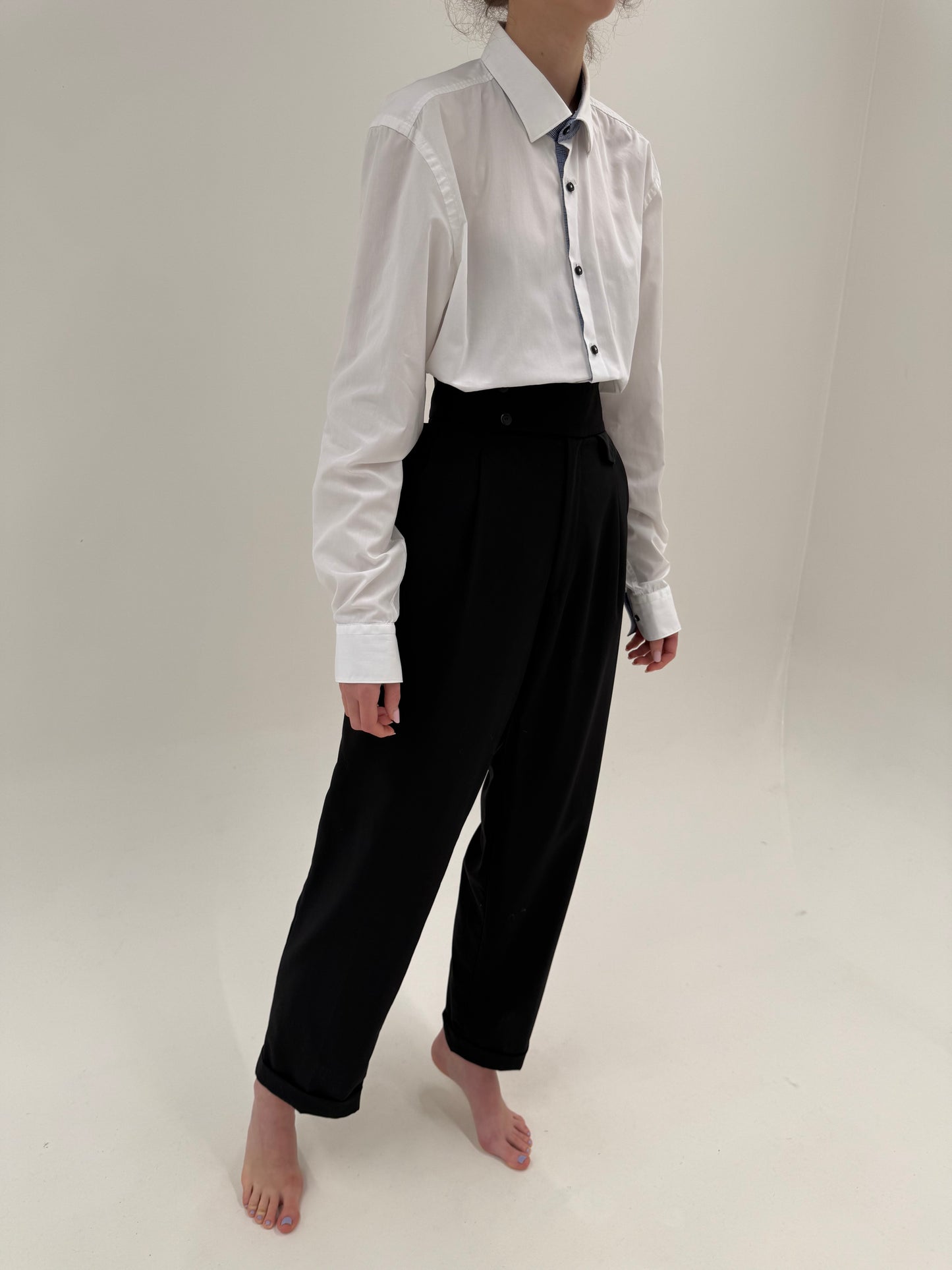 Pantaloni de ocazie cu talie ultra ultra înaltă negri din lana extrafina