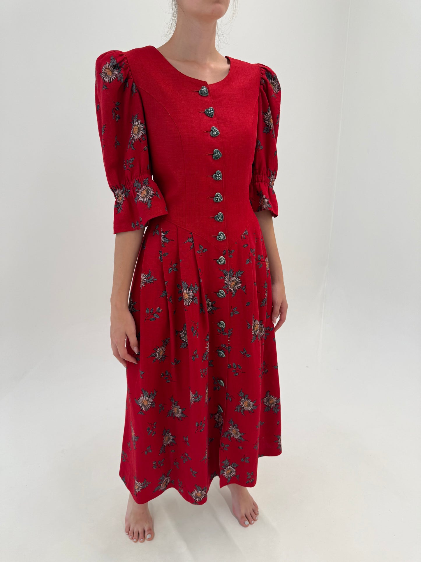 Rochie maxi din pânză grea de in cu corsaj și mâneci ușor bufante