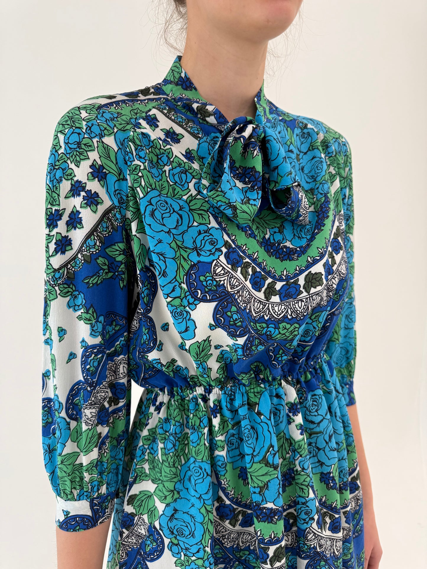 Rochie vintage din mătase naturală cu print superb și talie ultra înaltă elastică